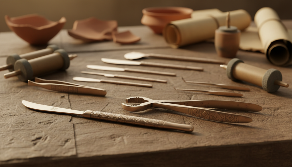 A detailed arrangement of ancient Indus Valley surgical and dental tools laid out on a textured wooden surface, showcasing sleek metal instruments with intricate engravings. In the foreground, highlight a precision scalpel and a set of dental forceps, with gleaming surfaces reflecting soft, natural light. The middle ground features a variety of other tools, such as scalpels, tweezers, and ancient dental drills, all displayed harmoniously. The background is softly blurred with earthy tones, suggesting an archeological setting with hints of pottery or ancient manuscripts. The lighting is warm and inviting, creating an atmosphere of innovation and history. The scene conveys a sense of reverence for the advanced healthcare practices of the Indus Civilization, emphasizing craftsmanship and surgical precision in a historical context.