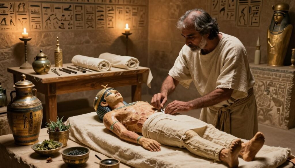 A detailed scene depicting ancient Egyptian mummification procedures set in a dimly lit room filled with artifacts. In the foreground, a skilled embalmer, dressed in modest linen garments, meticulously prepares a body for mummification, surrounded by intricate canopic jars and herbs. In the middle ground, a wooden table displays surgical tools and linen wrappings, emphasizing the precision of ancient medical practices. The background features hieroglyphics on stone walls, illuminated by soft, flickering candlelight, creating an atmosphere of reverence and mystery. The composition should reflect a historical authenticity, highlighting the anatomical knowledge gained through these rituals. Use a slightly tilted angle to enhance the depth and intrigue of the scene while maintaining a respectful vibe. A detailed scene depicting ancient Egyptian mummification procedures set in a dimly lit room filled with artifacts. In the foreground, a skilled embalmer, dressed in modest linen garments, meticulously prepares a body for mummification, surrounded by intricate canopic jars and herbs. In the middle ground, a wooden table displays surgical tools and linen wrappings, emphasizing the precision of ancient medical practices. The background features hieroglyphics on stone walls, illuminated by soft, flickering candlelight, creating an atmosphere of reverence and mystery. The composition should reflect a historical authenticity, highlighting the anatomical knowledge gained through these rituals. Use a slightly tilted angle to enhance the depth and intrigue of the scene while maintaining a respectful vibe.
