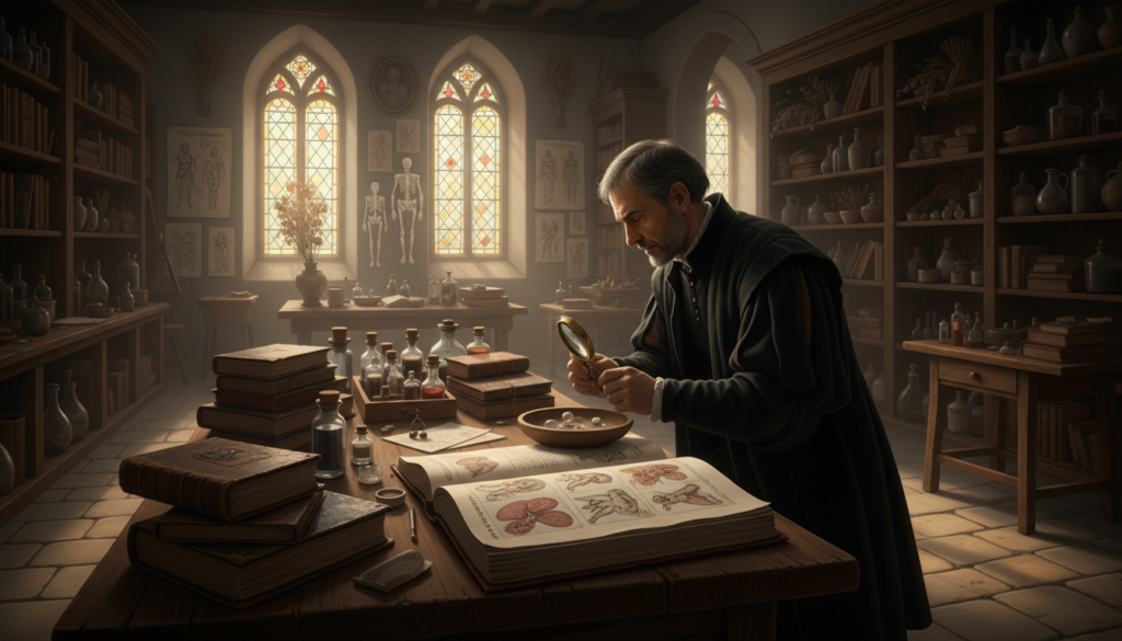 A dimly lit historical medical laboratory from the Renaissance period, featuring wooden tables cluttered with ancient medical books, glass vials, and a large, open tome displaying illustrations of tuberculosis symptoms. In the foreground, a well-dressed physician in modest clothing examines a sample through an ornate magnifying glass, highlighting his intense focus on the details. The middle ground showcases shelves lined with herbs and medicinal plants, along with anatomical drawings pinned to the walls, reflecting the era's quest for understanding disease. The background reveals stained glass windows casting soft, colored light, creating an atmosphere of curiosity and solemnity, evoking the seriousness of the study of tuberculosis in history. The image captures the spirit of inquiry and the complexity of medical insights from antiquity to the Renaissance. A dimly lit historical medical laboratory from the Renaissance period, featuring wooden tables cluttered with ancient medical books, glass vials, and a large, open tome displaying illustrations of tuberculosis symptoms. In the foreground, a well-dressed physician in modest clothing examines a sample through an ornate magnifying glass, highlighting his intense focus on the details. The middle ground showcases shelves lined with herbs and medicinal plants, along with anatomical drawings pinned to the walls, reflecting the era's quest for understanding disease. The background reveals stained glass windows casting soft, colored light, creating an atmosphere of curiosity and solemnity, evoking the seriousness of the study of tuberculosis in history. The image captures the spirit of inquiry and the complexity of medical insights from antiquity to the Renaissance.