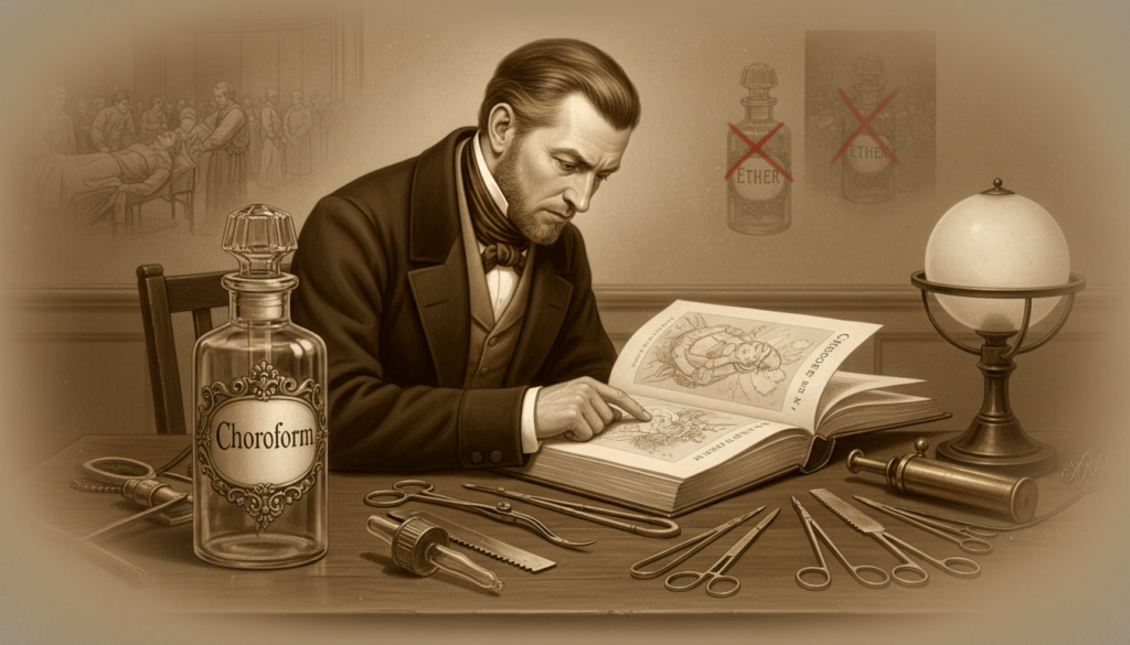 A historical depiction of chloroform's significance in anesthetic advancements. In the foreground, a vintage glass vial labeled "Chloroform" with a dropper, elegantly styled to reflect 19th-century medical aesthetics. In the middle ground, a well-dressed male doctor in professional attire, examining an open medical textbook detailing chloroform's use in surgery, his expression focused and contemplative. Surround him with vintage surgical instruments and a dimly lit atmosphere to evoke a sense of innovation and discovery. In the background, faded images of early surgical procedures and competitors like ether, slightly blurred to emphasize the foreground elements. Use warm, soft lighting to create a nostalgic ambiance, with a slight vignette effect to draw attention to the central figures and objects, showcasing the historical significance of chloroform in anesthesia.