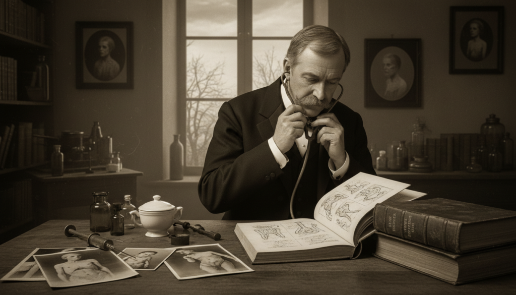 A historical perspective on tuberculosis, illustrating the disease known as the "White Plague." In the foreground, a physician in period-appropriate attire, holding a stethoscope, examines an old, dusty medical book featuring illustrations of tuberculosis symptoms. The middle layer includes faded photographs and vintage medical supplies, like a sputum cup and a syringe, evoking a sense of the past. The background is filled with a dimly lit room, adorned with historical artifacts, framed portraits of early tuberculosis patients, and a window showing a gloomy, overcast sky. Soft, diffused lighting casts a melancholic tone, creating an atmosphere of reflection and somber remembrance, capturing the weight of history associated with this illness. A historical perspective on tuberculosis, illustrating the disease known as the "White Plague." In the foreground, a physician in period-appropriate attire, holding a stethoscope, examines an old, dusty medical book featuring illustrations of tuberculosis symptoms. The middle layer includes faded photographs and vintage medical supplies, like a sputum cup and a syringe, evoking a sense of the past. The background is filled with a dimly lit room, adorned with historical artifacts, framed portraits of early tuberculosis patients, and a window showing a gloomy, overcast sky. Soft, diffused lighting casts a melancholic tone, creating an atmosphere of reflection and somber remembrance, capturing the weight of history associated with this illness.