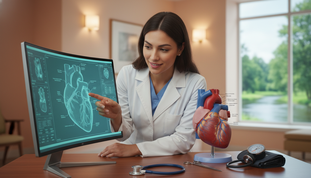 A medical professional in a crisp white lab coat is examining a digital heart scan on a sleek computer screen in the foreground, showcasing advanced diagnostic technology. The middle ground features a large anatomical heart model, highlighting key areas such as arteries and veins, surrounded by various medical tools like a stethoscope and blood pressure monitor. In the background, a calming clinic environment with soft lighting, warm colors, and a window showing a serene view of nature adds to the atmosphere. The image should convey a sense of professionalism, hope, and care in heart disease management, with an emphasis on diagnosis and treatment strategies. The composition should be well-balanced, inviting viewers into the scene with a focus on innovation and patient care.