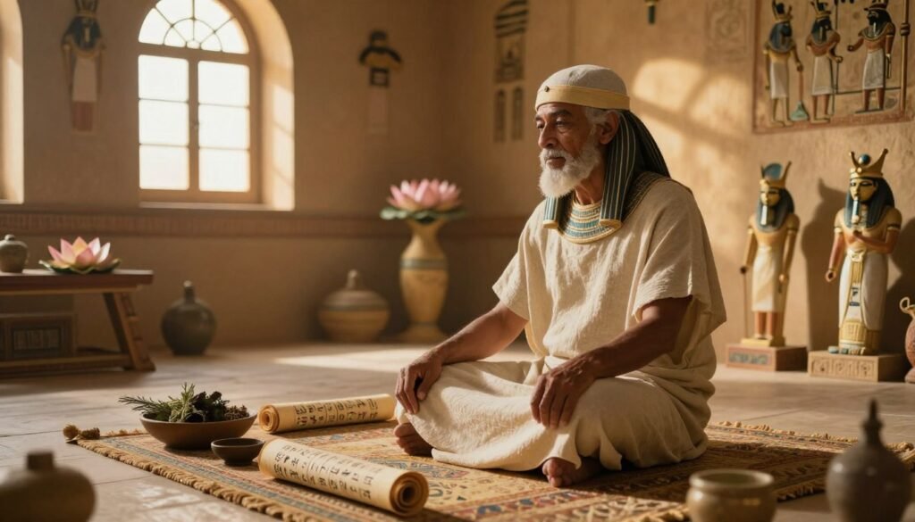 A serene and atmospheric scene illustrating ancient Egyptian cures for mental health. In the foreground, a wise Egyptian healer, dressed in modest linen clothing, sits cross-legged on a richly woven mat, surrounded by herbal remedies and scrolls inscribed with glyphs. The middle ground features a warm, softly lit room adorned with ancient artifacts, such as lotus flowers and small statues of deities, symbolizing healing and wisdom. In the background, arched windows allow golden sunlight to filter in, casting intricate shadows on the walls. The overall mood is calm and introspective, emphasizing holistic healing practices. The image is captured with a soft focus lens to enhance the tranquil atmosphere, inviting viewers to explore the ancient art of mental wellness in Egyptian culture. A serene and atmospheric scene illustrating ancient Egyptian cures for mental health. In the foreground, a wise Egyptian healer, dressed in modest linen clothing, sits cross-legged on a richly woven mat, surrounded by herbal remedies and scrolls inscribed with glyphs. The middle ground features a warm, softly lit room adorned with ancient artifacts, such as lotus flowers and small statues of deities, symbolizing healing and wisdom. In the background, arched windows allow golden sunlight to filter in, casting intricate shadows on the walls. The overall mood is calm and introspective, emphasizing holistic healing practices. The image is captured with a soft focus lens to enhance the tranquil atmosphere, inviting viewers to explore the ancient art of mental wellness in Egyptian culture.
