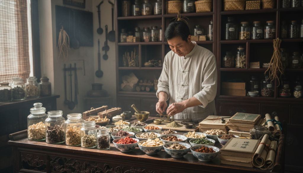 A serene traditional Chinese herbal medicine scene, featuring an ornate wooden table filled with various dried herbs, roots, and spices. In the foreground, delicate glass jars and ornate ceramic bowls display vibrant herbal ingredients like ginseng, goji berries, and chrysanthemum flowers, with some herbs freshly sliced. The middle ground includes a skilled herbalist in modest casual attire, focusing intently on preparing herbal remedies, surrounded by traditional Chinese medicine books and scrolls. Soft ambient lighting filters through a window adorned with bamboo curtains, casting gentle shadows on the table. The background hints at a historic Chinese medicine shop with wooden shelves, showcasing a variety of herbal plants and ancient tools. The overall atmosphere is calm and educational, inviting viewers into the rich history of Chinese herbal medicine. A serene traditional Chinese herbal medicine scene, featuring an ornate wooden table filled with various dried herbs, roots, and spices. In the foreground, delicate glass jars and ornate ceramic bowls display vibrant herbal ingredients like ginseng, goji berries, and chrysanthemum flowers, with some herbs freshly sliced. The middle ground includes a skilled herbalist in modest casual attire, focusing intently on preparing herbal remedies, surrounded by traditional Chinese medicine books and scrolls. Soft ambient lighting filters through a window adorned with bamboo curtains, casting gentle shadows on the table. The background hints at a historic Chinese medicine shop with wooden shelves, showcasing a variety of herbal plants and ancient tools. The overall atmosphere is calm and educational, inviting viewers into the rich history of Chinese herbal medicine.