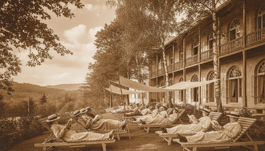 A serene tuberculosis sanatorium nestled in a lush, green landscape during the early 20th century. In the foreground, patients in modest clothing relax on wooden lounge chairs, some reading books, while others enjoy the fresh air under large, shaded canopies. The middle ground features a large, elegant sanatorium building with wide balconies and large windows, promoting sunlight and air circulation. Trees provide dappled sunlight filtering through the leaves. In the background, rolling hills stretch into a gentle blue sky with soft clouds, evoking a sense of hope and recovery. The overall atmosphere is calm and reflective, captured from a slightly elevated angle to emphasize the connection between the patients and nature, with warm, golden lighting to enhance the sense of tranquility and healing. A serene tuberculosis sanatorium nestled in a lush, green landscape during the early 20th century. In the foreground, patients in modest clothing relax on wooden lounge chairs, some reading books, while others enjoy the fresh air under large, shaded canopies. The middle ground features a large, elegant sanatorium building with wide balconies and large windows, promoting sunlight and air circulation. Trees provide dappled sunlight filtering through the leaves. In the background, rolling hills stretch into a gentle blue sky with soft clouds, evoking a sense of hope and recovery. The overall atmosphere is calm and reflective, captured from a slightly elevated angle to emphasize the connection between the patients and nature, with warm, golden lighting to enhance the sense of tranquility and healing.