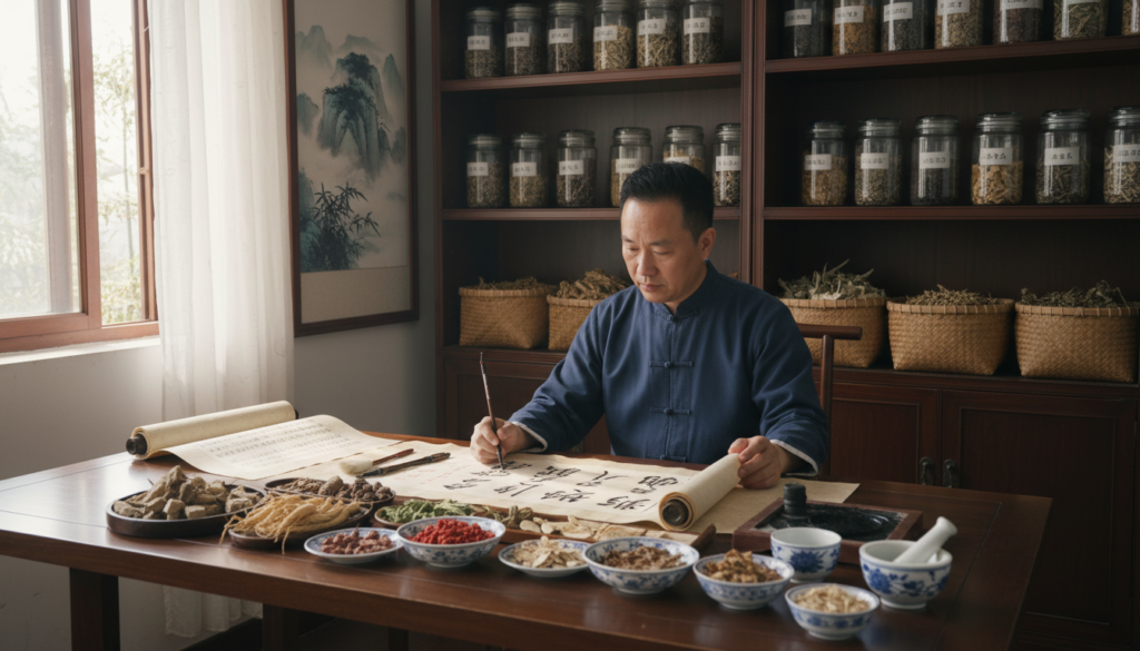 A traditional Chinese medicine practitioner in a serene clinic setting, surrounded by ancient scrolls of the Shang Han Lun and herbal remedies displayed on wooden shelves. In the foreground, a carefully arranged wooden table holds an array of medicinal herbs and roots, with delicate Chinese porcelain bowls used for preparation. The middle ground features the practitioner, a middle-aged Asian man in modest, professional attire, examining a scroll and noting patient patterns. Soft, diffused lighting shines through a window, casting gentle shadows, while the background hints at tranquil Asian landscape art and bamboo, enhancing the calm, focused atmosphere. The composition captures the essence of innovative, ancient healthcare practices, highlighting the importance of diagnosis and treatment in harmony with nature. A traditional Chinese medicine practitioner in a serene clinic setting, surrounded by ancient scrolls of the Shang Han Lun and herbal remedies displayed on wooden shelves. In the foreground, a carefully arranged wooden table holds an array of medicinal herbs and roots, with delicate Chinese porcelain bowls used for preparation. The middle ground features the practitioner, a middle-aged Asian man in modest, professional attire, examining a scroll and noting patient patterns. Soft, diffused lighting shines through a window, casting gentle shadows, while the background hints at tranquil Asian landscape art and bamboo, enhancing the calm, focused atmosphere. The composition captures the essence of innovative, ancient healthcare practices, highlighting the importance of diagnosis and treatment in harmony with nature.