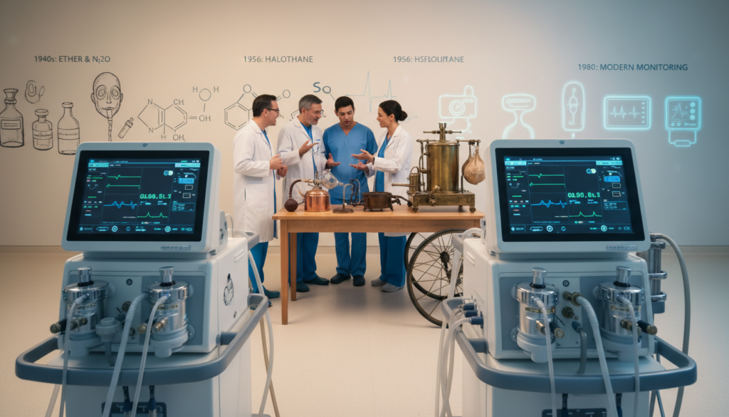 A visually compelling representation of the evolution of anesthesia technology in the twentieth century. In the foreground, a modern surgical setup featuring advanced anesthesia machines with digital displays and gas delivery systems, reflecting crisp, clean lines and vibrant colors. In the middle ground, scientists and doctors dressed in professional lab coats and scrubs, engaged in discussions around historical anesthesia equipment, such as the ether pot and nitrous oxide apparatus, showcasing a blend of old and new. The background features a timeline mural illustrating key breakthroughs like the introduction of halothane and modern monitoring devices, bathed in soft, ambient lighting to evoke a sense of discovery and innovation. The atmosphere is inspiring and educational, inviting viewers to appreciate the advancements in anesthesia technology over the century.