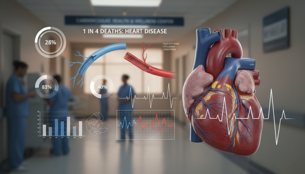 A visually engaging illustration depicting various types of heart disease. In the foreground, a detailed anatomical heart model, highlighting common conditions such as coronary artery disease, heart failure, and arrhythmia. The middle layer features diverse infographics showing statistical data and illustrations of blocked arteries and heart rhythms, with a blend of red and blue hues to signify healthy versus diseased states. The background is a soft, blurred hospital setting, emphasizing a clinical atmosphere with warm, soft lighting. The image should convey a sense of awareness and education, aimed at informing the audience about heart health. Use a realistic photographic lens perspective, with sharp focus on the heart model and infographics.
