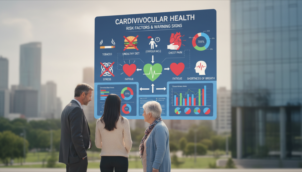 A visually striking and informative illustration highlighting the "Risk Factors and Warning Signs" of cardiovascular health. In the foreground, a diverse group of three professionals—one middle-aged man in a business suit, a young woman in a smart casual outfit, and an elderly lady dressed comfortably—are engaged in a discussion around a large, colorful infographic displaying heart health statistics. The middle layer features elements symbolizing risk factors—like tobacco, unhealthy food, and stress depicted as icons—interspersed among vibrant heart images showing warning signs like chest pain and fatigue. The background features a soft-focus cityscape representing lifestyle influences. Soft, natural lighting evokes a serious yet hopeful mood, captured from a slightly elevated angle to give a comprehensive view of the scene.