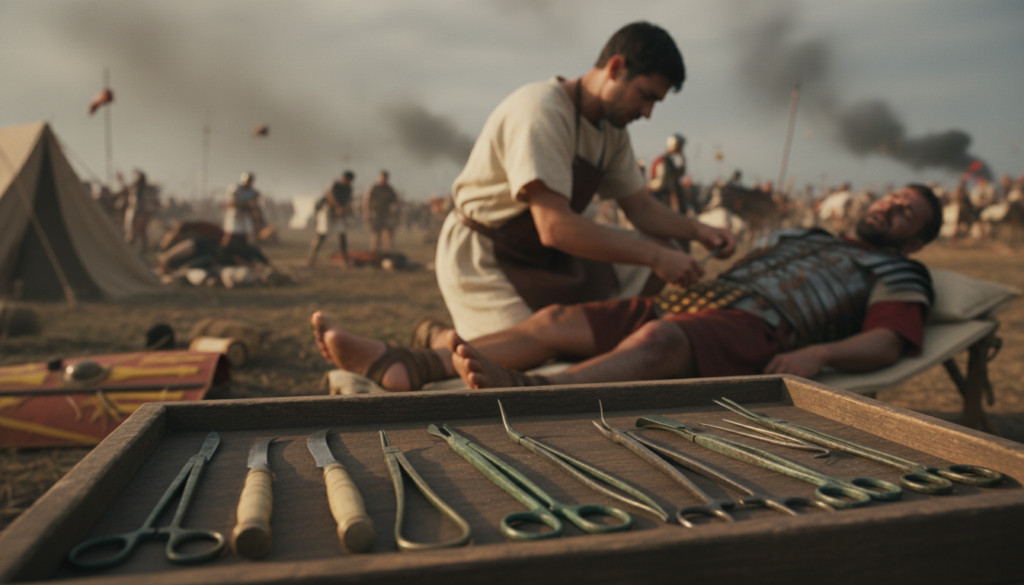 A Roman battlefield scene focused on ancient medical care instruments used in surgical techniques, placed prominently in the foreground. The instruments, including scalpels, forceps, and surgical hooks, are crafted from bronze and iron, displaying aged patinas. In the middle ground, a Roman medic dressed in a simple tunic is depicted attending to a wounded soldier on a makeshift stretcher, carefully examining a leg wound. The background features a blurred landscape of a battleground, with distant soldiers and tents under a cloudy sky, casting dramatic shadows and emphasizing the somber mood of battle. Use warm, diffused lighting to create an authentic historical atmosphere, capturing the gravity of Roman military medicine and surgery practices. The composition should be shot from a low angle, highlighting the instruments and their user, while maintaining a respectful and professional tone. A Roman battlefield scene focused on ancient medical care instruments used in surgical techniques, placed prominently in the foreground. The instruments, including scalpels, forceps, and surgical hooks, are crafted from bronze and iron, displaying aged patinas. In the middle ground, a Roman medic dressed in a simple tunic is depicted attending to a wounded soldier on a makeshift stretcher, carefully examining a leg wound. The background features a blurred landscape of a battleground, with distant soldiers and tents under a cloudy sky, casting dramatic shadows and emphasizing the somber mood of battle. Use warm, diffused lighting to create an authentic historical atmosphere, capturing the gravity of Roman military medicine and surgery practices. The composition should be shot from a low angle, highlighting the instruments and their user, while maintaining a respectful and professional tone.