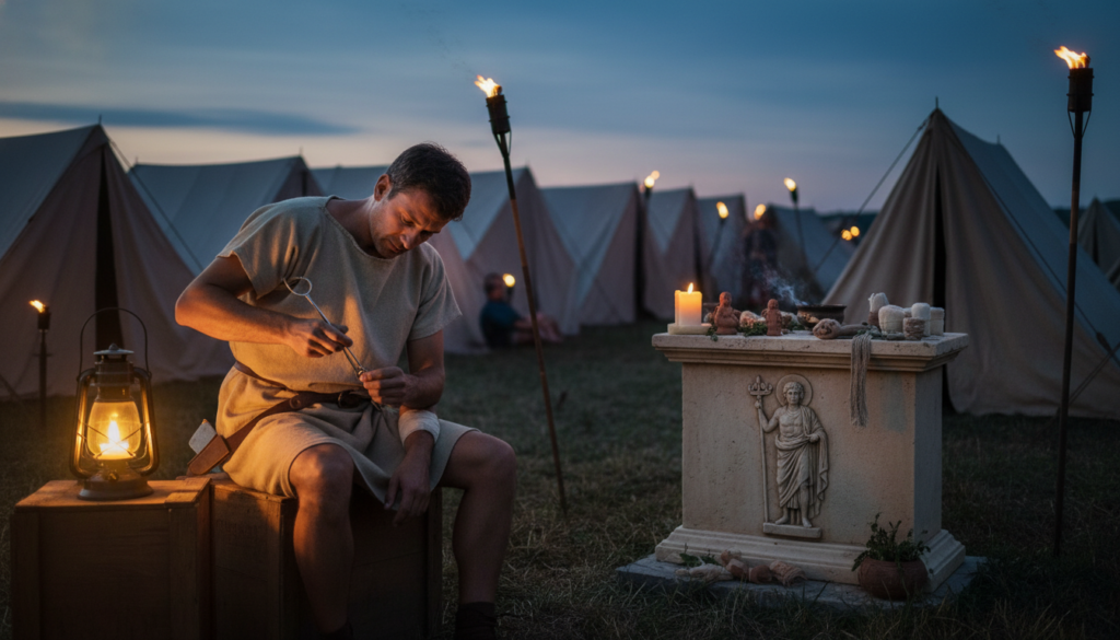 A Roman military camp scene set during twilight, illustrating the intersection of medicine and religion in ancient Rome. In the foreground, a Roman army surgeon dressed in a modest tunic, carefully examines a soldier's injured arm with a detailed surgical instrument, illuminated by a soft, warm candlelight. The middle ground features a small altar adorned with offerings to Asclepius, the Greek god of medicine, symbolizing the religious aspects of healing. In the background, tents of the military camp are visible against a darkening sky, with flickering torches casting shadows. The atmosphere is solemn yet hopeful, reflecting the blend of professional medical practice and faith in divine intervention during the Roman era. The image is shot with a narrow depth of field, emphasizing the characters while softly blurring the surroundings. A Roman military camp scene set during twilight, illustrating the intersection of medicine and religion in ancient Rome. In the foreground, a Roman army surgeon dressed in a modest tunic, carefully examines a soldier's injured arm with a detailed surgical instrument, illuminated by a soft, warm candlelight. The middle ground features a small altar adorned with offerings to Asclepius, the Greek god of medicine, symbolizing the religious aspects of healing. In the background, tents of the military camp are visible against a darkening sky, with flickering torches casting shadows. The atmosphere is solemn yet hopeful, reflecting the blend of professional medical practice and faith in divine intervention during the Roman era. The image is shot with a narrow depth of field, emphasizing the characters while softly blurring the surroundings.