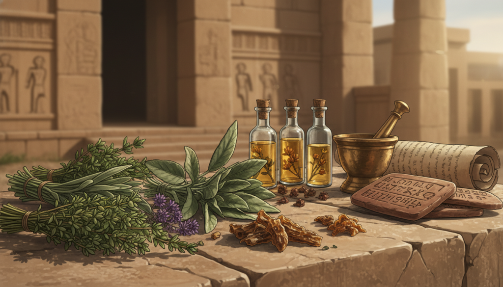 A beautifully illustrated scene of ancient medicinal plants from the Middle East, featuring a vibrant display of herbs such as thyme, sage, and myrrh in the foreground, meticulously arranged on a textured, weathered stone surface. In the middle ground, delicate glass vials filled with essential oils and dried plant samples showcase the medicinal practices of ancient Mesopotamia. The background reveals a soft-focus view of an ancient temple or a scholarly scroll, hinting at knowledge and discovery. The lighting is warm and natural, simulating golden hour, casting gentle shadows and enhancing the earthy tones. The overall mood is serene and introspective, inviting the viewer to connect with the rich history of herbal medicine in ancient cultures. A beautifully illustrated scene of ancient medicinal plants from the Middle East, featuring a vibrant display of herbs such as thyme, sage, and myrrh in the foreground, meticulously arranged on a textured, weathered stone surface. In the middle ground, delicate glass vials filled with essential oils and dried plant samples showcase the medicinal practices of ancient Mesopotamia. The background reveals a soft-focus view of an ancient temple or a scholarly scroll, hinting at knowledge and discovery. The lighting is warm and natural, simulating golden hour, casting gentle shadows and enhancing the earthy tones. The overall mood is serene and introspective, inviting the viewer to connect with the rich history of herbal medicine in ancient cultures.
