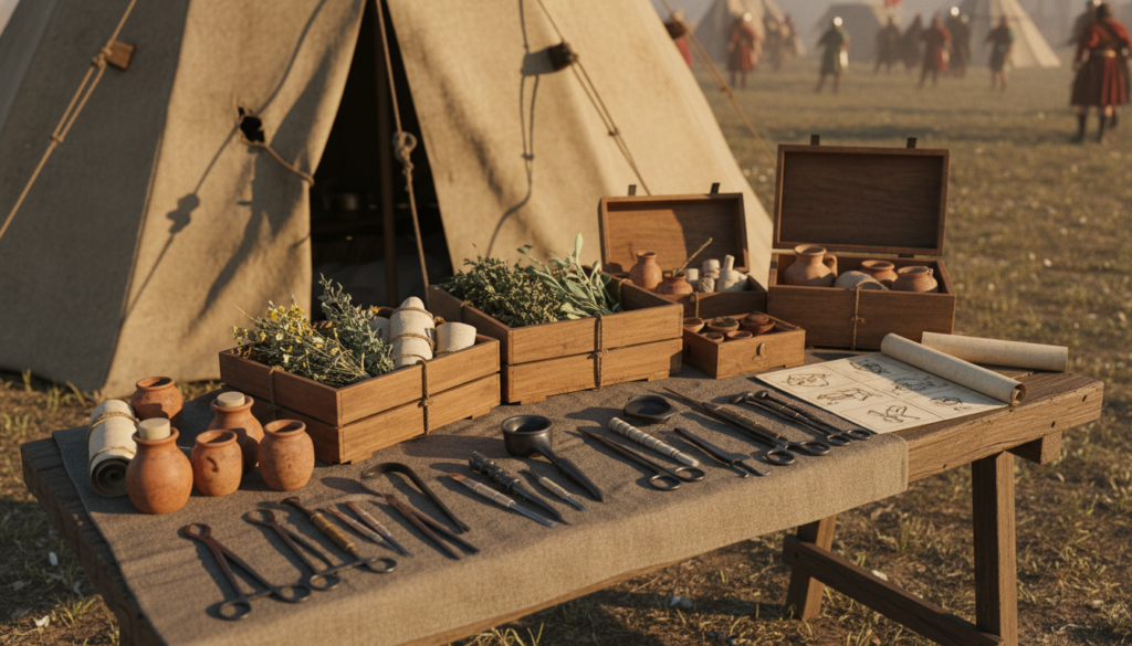 A detailed depiction of military medical advancements supplies from the Roman Army era, featuring a table in the foreground laden with various ancient medical tools such as scalpels, forceps, and surgical instruments made of bronze and iron. In the middle ground, include wooden crates filled with herbal remedies and bandages, alongside a parchment scroll detailing medical procedures. The background should depict a rustic military tent set up on a battlefield, with soft sunlight filtering through the fabric, casting gentle shadows. The atmosphere is historical and educational, evoking a sense of innovation and care within the military. Use a warm color palette to enhance the mood, and ensure a shallow depth of field to emphasize the medical supplies as the focal point. A detailed depiction of military medical advancements supplies from the Roman Army era, featuring a table in the foreground laden with various ancient medical tools such as scalpels, forceps, and surgical instruments made of bronze and iron. In the middle ground, include wooden crates filled with herbal remedies and bandages, alongside a parchment scroll detailing medical procedures. The background should depict a rustic military tent set up on a battlefield, with soft sunlight filtering through the fabric, casting gentle shadows. The atmosphere is historical and educational, evoking a sense of innovation and care within the military. Use a warm color palette to enhance the mood, and ensure a shallow depth of field to emphasize the medical supplies as the focal point.