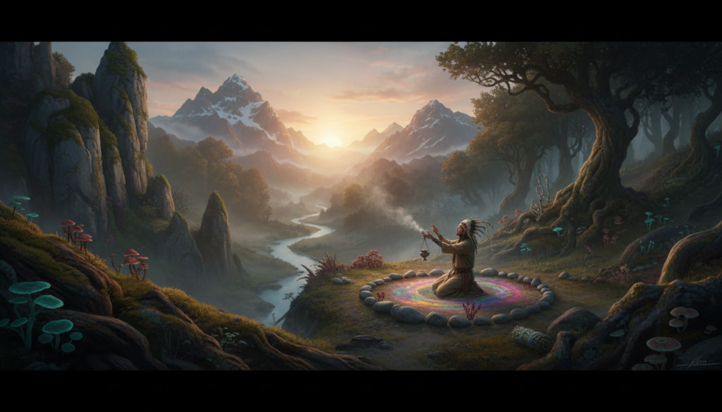 A mystical landscape illustrating the geographic influences on shamanic practices, featuring a diverse terrain in the foreground including rocky cliffs, dense forests, and a flowing river. In the middle, a solitary shaman in modest attire, engaged in a ritual, surrounded by various natural elements like stones and plants indicative of the local ecology. The background displays distant mountains bathed in soft golden light, suggesting a sunrise that casts gentle shadows and enhances the spiritual atmosphere. The mood is contemplative and serene, inviting viewers to reflect on the connection between nature and shamanic traditions. Use a wide-angle lens to capture the expansive scenery, with warm, natural lighting to evoke a sense of harmony and spirituality. A mystical landscape illustrating the geographic influences on shamanic practices, featuring a diverse terrain in the foreground including rocky cliffs, dense forests, and a flowing river. In the middle, a solitary shaman in modest attire, engaged in a ritual, surrounded by various natural elements like stones and plants indicative of the local ecology. The background displays distant mountains bathed in soft golden light, suggesting a sunrise that casts gentle shadows and enhances the spiritual atmosphere. The mood is contemplative and serene, inviting viewers to reflect on the connection between nature and shamanic traditions. Use a wide-angle lens to capture the expansive scenery, with warm, natural lighting to evoke a sense of harmony and spirituality.