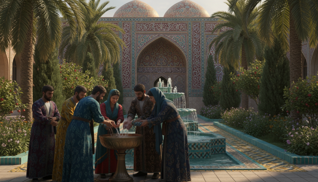 A serene Persian courtyard in ancient times, showcasing traditional hygiene practices. In the foreground, a group of men and women dressed in modest, colorful attire engage in washing their hands at an ornate standing basin, highlighting communal cleanliness. The middle ground features lush greenery and intricate tilework, with decorative fountains gently bubbling, symbolizing the importance of water in sanitation. In the background, ancient Persian architecture with arched doorways and beautiful mosaic patterns completes the scene. Soft, warm afternoon sunlight filters through the trees, casting gentle shadows and creating a tranquil atmosphere. The image should evoke a sense of peace and cultural richness, focusing on the significance of hygiene and the beauty of Persian heritage. A serene Persian courtyard in ancient times, showcasing traditional hygiene practices. In the foreground, a group of men and women dressed in modest, colorful attire engage in washing their hands at an ornate standing basin, highlighting communal cleanliness. The middle ground features lush greenery and intricate tilework, with decorative fountains gently bubbling, symbolizing the importance of water in sanitation. In the background, ancient Persian architecture with arched doorways and beautiful mosaic patterns completes the scene. Soft, warm afternoon sunlight filters through the trees, casting gentle shadows and creating a tranquil atmosphere. The image should evoke a sense of peace and cultural richness, focusing on the significance of hygiene and the beauty of Persian heritage.