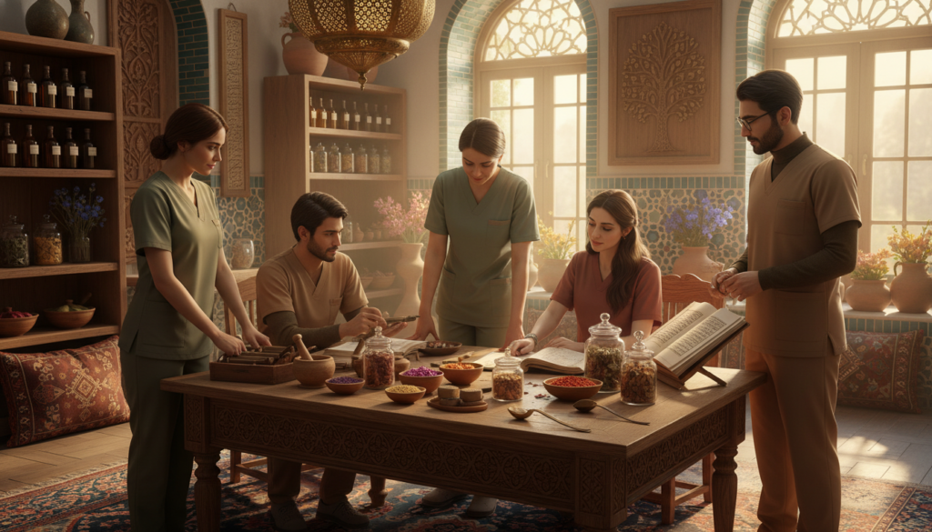 A serene and inviting scene depicting modern interpretations of ancient Persian alternative medicine. In the foreground, a diverse group of practitioners in professional attire, including both men and women, engage in a hands-on consultation over herbal remedies and traditional medicine tools, exuding warmth and expertise. The middle ground features a beautifully arranged display of colorful herbs, oils, and ancient manuscripts, reflecting the rich history of Persian medicine. In the background, traditional Persian architecture with intricate tile work and soft, diffused natural light filters through arched windows, creating a tranquil atmosphere. The mood is one of harmony and holistic healing, emphasizing the blend of ancient wisdom and modern practice in a cozy, inviting environment. The image captures a balance of nature and tradition, with subtle earthy colors enhancing the peaceful ambiance. A serene and inviting scene depicting modern interpretations of ancient Persian alternative medicine. In the foreground, a diverse group of practitioners in professional attire, including both men and women, engage in a hands-on consultation over herbal remedies and traditional medicine tools, exuding warmth and expertise. The middle ground features a beautifully arranged display of colorful herbs, oils, and ancient manuscripts, reflecting the rich history of Persian medicine. In the background, traditional Persian architecture with intricate tile work and soft, diffused natural light filters through arched windows, creating a tranquil atmosphere. The mood is one of harmony and holistic healing, emphasizing the blend of ancient wisdom and modern practice in a cozy, inviting environment. The image captures a balance of nature and tradition, with subtle earthy colors enhancing the peaceful ambiance.