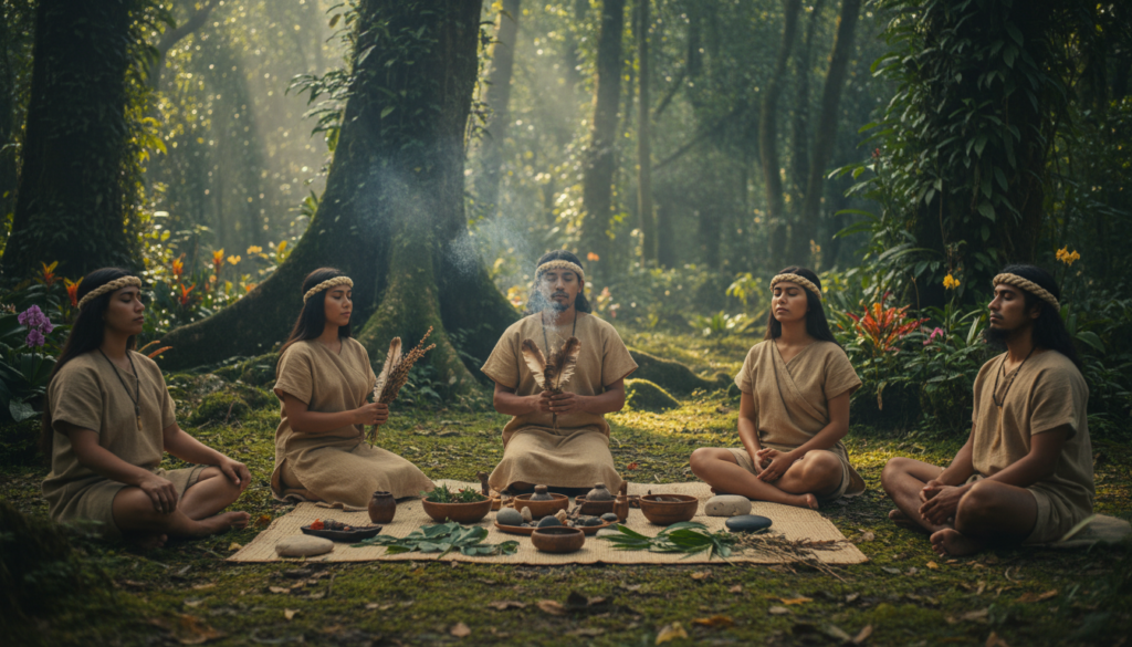 A serene depiction of a traditional indigenous community engaging in healing practices, set in a lush forest clearing. In the foreground, a diverse group of five individuals, dressed in modest, traditional attire, are participating in a circle. Two individuals are performing a ritual, using natural elements like herbs and feathers, while others are in a meditative state, eyes closed, reflecting unity and calm. In the middle ground, the ambiance is created by soft, dappled sunlight filtering through the trees, casting shadows on the ground. The background features ancient trees and vibrant flora, emphasizing a deep connection with nature. The overall mood is peaceful and restorative, evoking a sense of community and shared purpose. The image should be captured with a warm, soft focus, evoking a sense of intimacy and spirituality. A serene depiction of a traditional indigenous community engaging in healing practices, set in a lush forest clearing. In the foreground, a diverse group of five individuals, dressed in modest, traditional attire, are participating in a circle. Two individuals are performing a ritual, using natural elements like herbs and feathers, while others are in a meditative state, eyes closed, reflecting unity and calm. In the middle ground, the ambiance is created by soft, dappled sunlight filtering through the trees, casting shadows on the ground. The background features ancient trees and vibrant flora, emphasizing a deep connection with nature. The overall mood is peaceful and restorative, evoking a sense of community and shared purpose. The image should be captured with a warm, soft focus, evoking a sense of intimacy and spirituality.