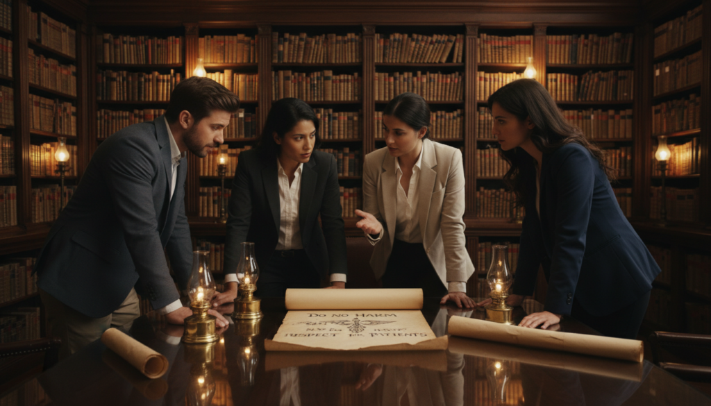 A serene interior of a historic medical library, featuring a polished wooden table covered with ancient scrolls and glowing lanterns. In the foreground, a diverse group of professionals, dressed in modest business attire, engage in thoughtful discussion about the ethical principles of the Hippocratic Oath. The middle layer showcases an open scroll displaying key phrases symbolizing the Oath, such as "Do no harm" and "Respect for patients." The background reveals tall, antiquated bookshelves filled with medical texts, under warm, inviting lighting that creates a scholarly atmosphere. The perspective captures a slightly elevated angle, conveying a sense of importance and reverence for the ethical standards guiding clinical medicine. A serene interior of a historic medical library, featuring a polished wooden table covered with ancient scrolls and glowing lanterns. In the foreground, a diverse group of professionals, dressed in modest business attire, engage in thoughtful discussion about the ethical principles of the Hippocratic Oath. The middle layer showcases an open scroll displaying key phrases symbolizing the Oath, such as "Do no harm" and "Respect for patients." The background reveals tall, antiquated bookshelves filled with medical texts, under warm, inviting lighting that creates a scholarly atmosphere. The perspective captures a slightly elevated angle, conveying a sense of importance and reverence for the ethical standards guiding clinical medicine.