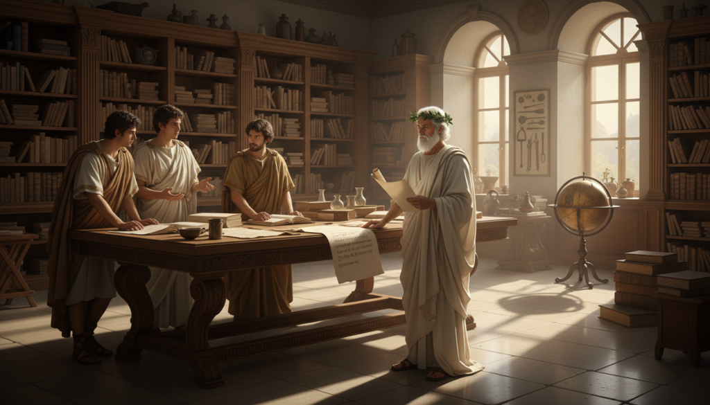 A serene, scholarly atmosphere depicting a historical scene where ancient medical thinkers gather around a large, ornate wooden table in a well-lit, classical study. In the foreground, a wise, elderly figure symbolizes Hippocrates, dressed in a toga and holding a parchment. To his left, younger scholars in modest, period-accurate attire engage in discussion, referencing ancient texts. The middle ground features shelves lined with scrolls and antique medical instruments, while the background reveals tall windows allowing warm, golden sunlight to flood the room, casting soft shadows. The mood is contemplative and inspirational, highlighting the reverence for knowledge and the legacy of Hippocratic principles in shaping future medical thought. A serene, scholarly atmosphere depicting a historical scene where ancient medical thinkers gather around a large, ornate wooden table in a well-lit, classical study. In the foreground, a wise, elderly figure symbolizes Hippocrates, dressed in a toga and holding a parchment. To his left, younger scholars in modest, period-accurate attire engage in discussion, referencing ancient texts. The middle ground features shelves lined with scrolls and antique medical instruments, while the background reveals tall windows allowing warm, golden sunlight to flood the room, casting soft shadows. The mood is contemplative and inspirational, highlighting the reverence for knowledge and the legacy of Hippocratic principles in shaping future medical thought.