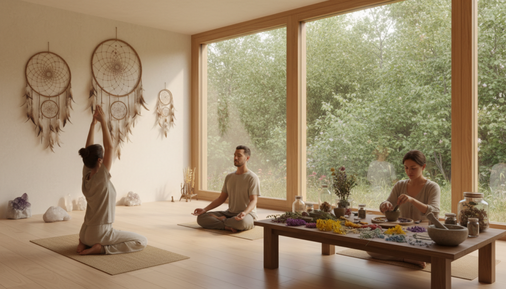 A serene wellness studio featuring modern holistic healing practices influenced by shamanism. In the foreground, a diverse group of individuals, dressed in modest casual clothing, engage in various activities: one practicing yoga, another meditating, and a third preparing herbal remedies with colorful plants. The middle ground reveals soft lighting emanating from large, natural windows, casting a warm glow on the wooden floor. Ethereal decorations, such as crystals and dreamcatchers, hang from the walls, creating an inviting atmosphere. In the background, lush greenery is visible through the windows, merging nature with the indoor space. The overall mood is tranquil and harmonious, evoking a sense of peace and connection to ancient traditions in a contemporary context, captured from a slightly elevated angle to include all elements harmoniously. A serene wellness studio featuring modern holistic healing practices influenced by shamanism. In the foreground, a diverse group of individuals, dressed in modest casual clothing, engage in various activities: one practicing yoga, another meditating, and a third preparing herbal remedies with colorful plants. The middle ground reveals soft lighting emanating from large, natural windows, casting a warm glow on the wooden floor. Ethereal decorations, such as crystals and dreamcatchers, hang from the walls, creating an inviting atmosphere. In the background, lush greenery is visible through the windows, merging nature with the indoor space. The overall mood is tranquil and harmonious, evoking a sense of peace and connection to ancient traditions in a contemporary context, captured from a slightly elevated angle to include all elements harmoniously.