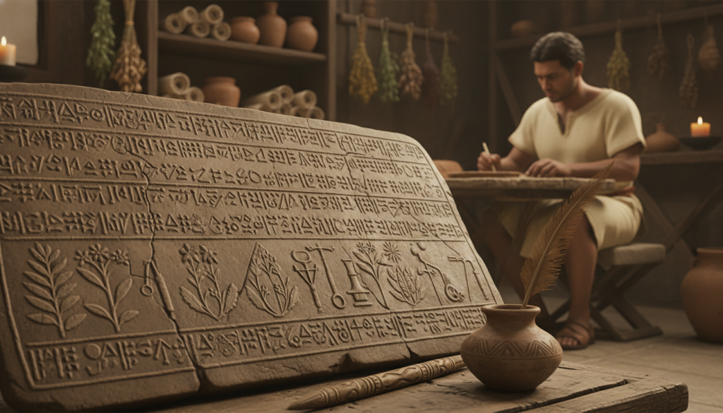 Ancient cuneiform medical records spread across a weathered clay tablet, displaying intricate symbols and detailed illustrations of medicinal plants and procedures. In the foreground, a stylized quill and inkpot rest beside the tablet, glistening under warm, candlelight that flickers softly. The middle ground features an ancient Mesopotamian scribe, clad in modest, traditional linen attire, focused intently on writing with precision and care. In the background, a dimly lit study filled with shelves of scrolls and jars of herbs creates a scholarly ambiance. Shadows play gently against the walls, evoking a sense of mystery and history in this ancient practice of record-keeping. The overall mood is contemplative and reverent, inviting viewers into the world of ancient medical knowledge. Ancient cuneiform medical records spread across a weathered clay tablet, displaying intricate symbols and detailed illustrations of medicinal plants and procedures. In the foreground, a stylized quill and inkpot rest beside the tablet, glistening under warm, candlelight that flickers softly. The middle ground features an ancient Mesopotamian scribe, clad in modest, traditional linen attire, focused intently on writing with precision and care. In the background, a dimly lit study filled with shelves of scrolls and jars of herbs creates a scholarly ambiance. Shadows play gently against the walls, evoking a sense of mystery and history in this ancient practice of record-keeping. The overall mood is contemplative and reverent, inviting viewers into the world of ancient medical knowledge.