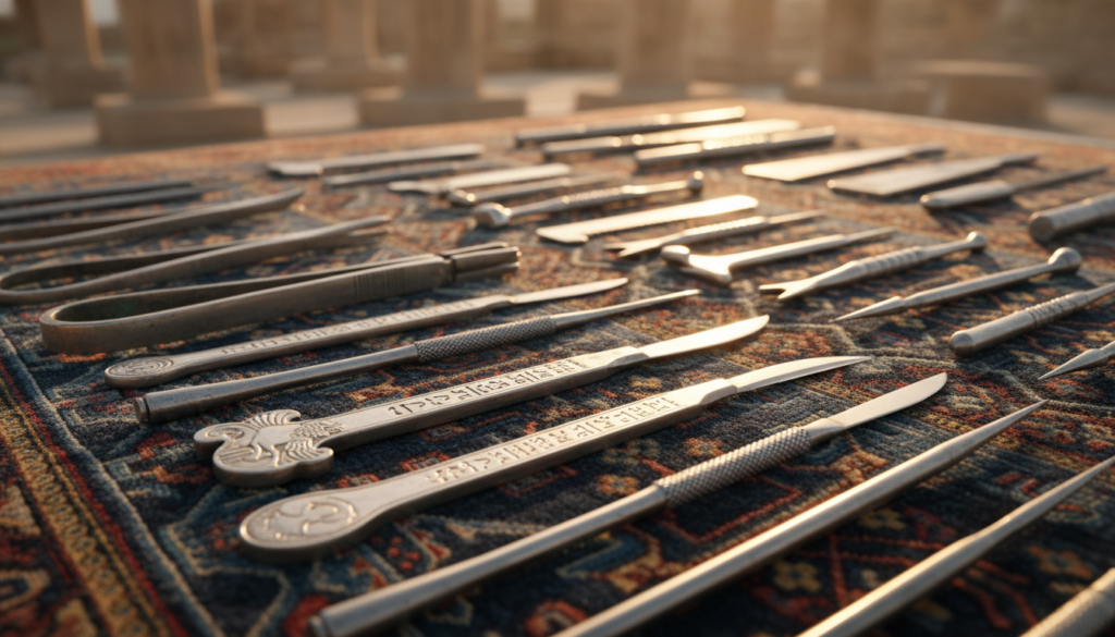 Ancient surgical medical instruments from Persepolis, displayed on an intricately patterned Persian velvet cloth, highlighting their bronze and silver materials. The foreground features a selection of delicate scalpels, forceps, and probes, each reflecting craftsmanship with ornate engravings. In the middle ground, softly lit tools are arranged neatly to create a sense of order and precision, with slight shadows enhancing their metallic sheen. The background reveals a softly blurred glimpse of ancient Persian architecture, symbolizing the historical context of these instruments. Golden hour lighting adds warmth to the scene, creating an atmosphere of reverence and curiosity about ancient healing practices. Focused composition, shot with a macro lens from a slightly elevated angle to capture the intricate details of the instruments. Ancient surgical medical instruments from Persepolis, displayed on an intricately patterned Persian velvet cloth, highlighting their bronze and silver materials. The foreground features a selection of delicate scalpels, forceps, and probes, each reflecting craftsmanship with ornate engravings. In the middle ground, softly lit tools are arranged neatly to create a sense of order and precision, with slight shadows enhancing their metallic sheen. The background reveals a softly blurred glimpse of ancient Persian architecture, symbolizing the historical context of these instruments. Golden hour lighting adds warmth to the scene, creating an atmosphere of reverence and curiosity about ancient healing practices. Focused composition, shot with a macro lens from a slightly elevated angle to capture the intricate details of the instruments.